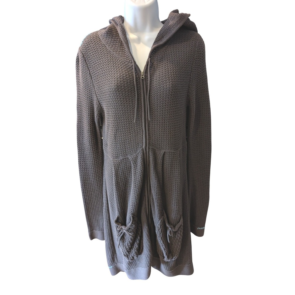 Anthropologie Project E VTG Sweater Gray Textured Waffle Knit Long Zip Up Hood L